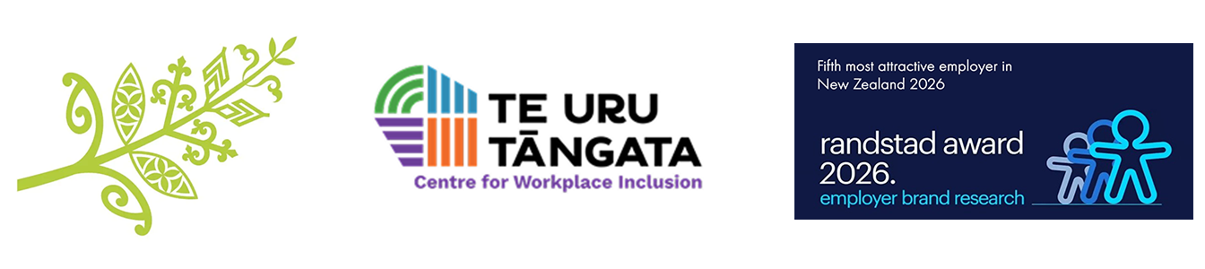 Logos for Te Uru Tāngata - Centre for Workplace Inclusion, and a Randstad Award 2026 - Customs was the fifth most attractive employer in New Zealand in 2026.