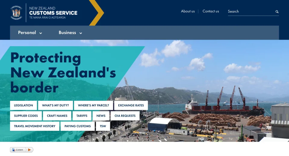 The Customs website homepage as it appeared from 2017 to 2026.