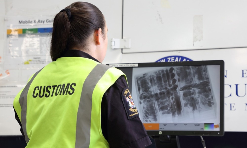 A Customs officer views an x-ray scan of a package.