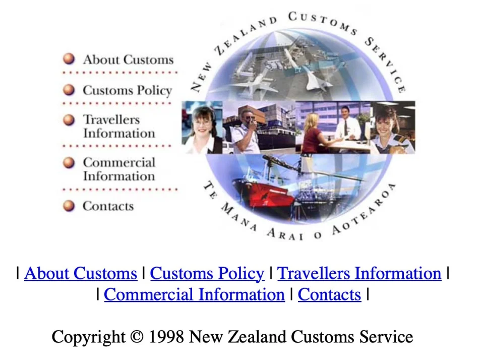 The Customs website homepage as it appeared from 1998 to 2003.